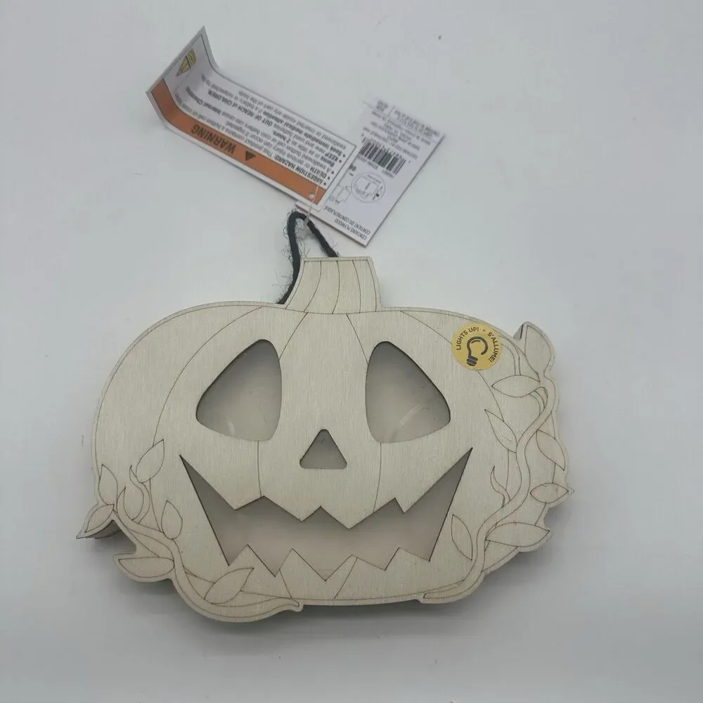 Make Market Unfinished Wooden Halloween Light Up LED Grinning Pumpkin Decor DIY